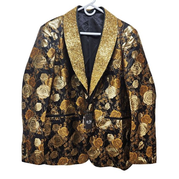 Hi-Tie Mens Rose Pattern Gold Blazer Jacket Size M - Picture 1 of 13